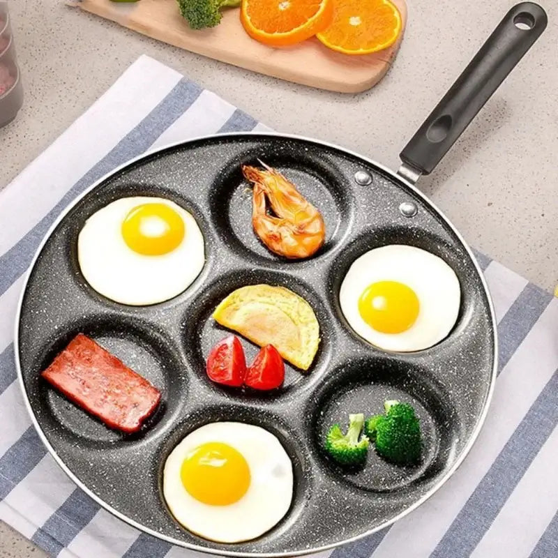 Black speckled six compartment non-stick decorbites breakfast egg pan with handle for cooking eggs shrimp and vegetables