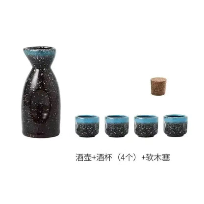 Black speckled ceramic wine sake set with heater featuring carafe and four cups for dining room decorbites ceramic wine