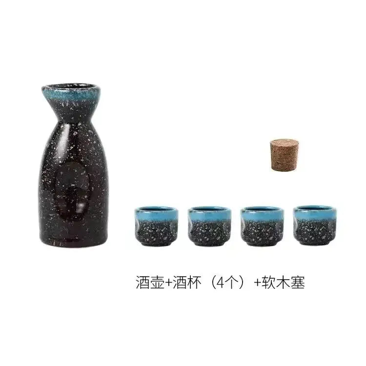 Black speckled ceramic wine sake set with heater featuring carafe and four cups for dining room decorbites ceramic wine