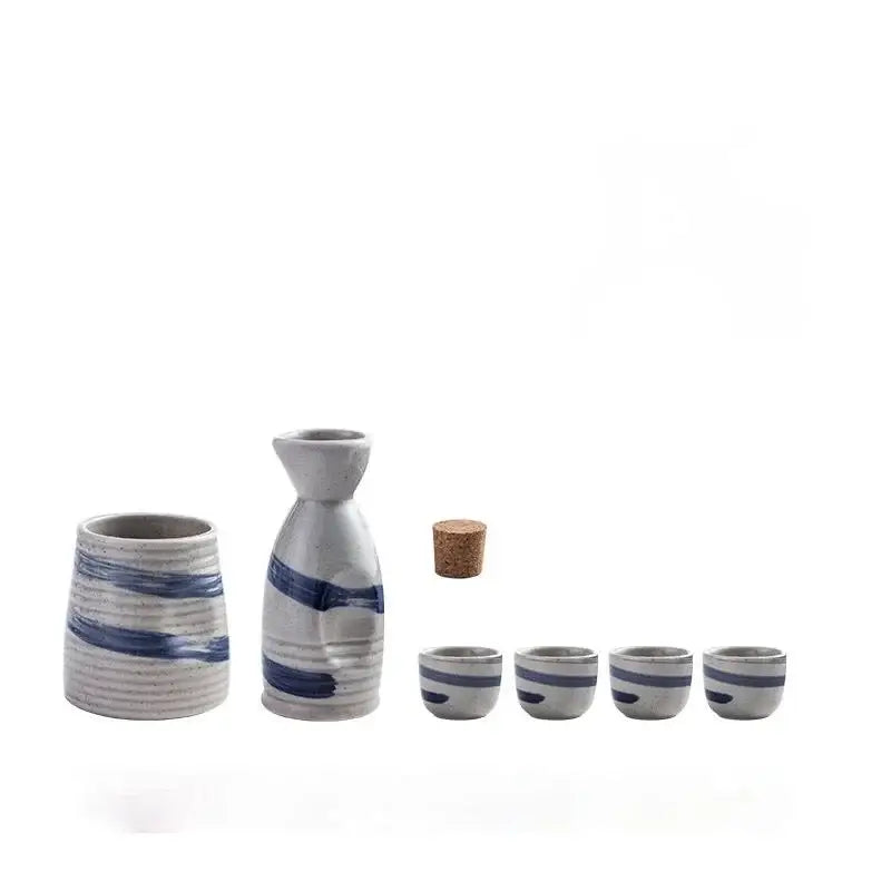 Handcrafted ceramic wine sake set with white base blue brushstrokes traditional japanese bottle and matching cups for decorbites ceramic wine