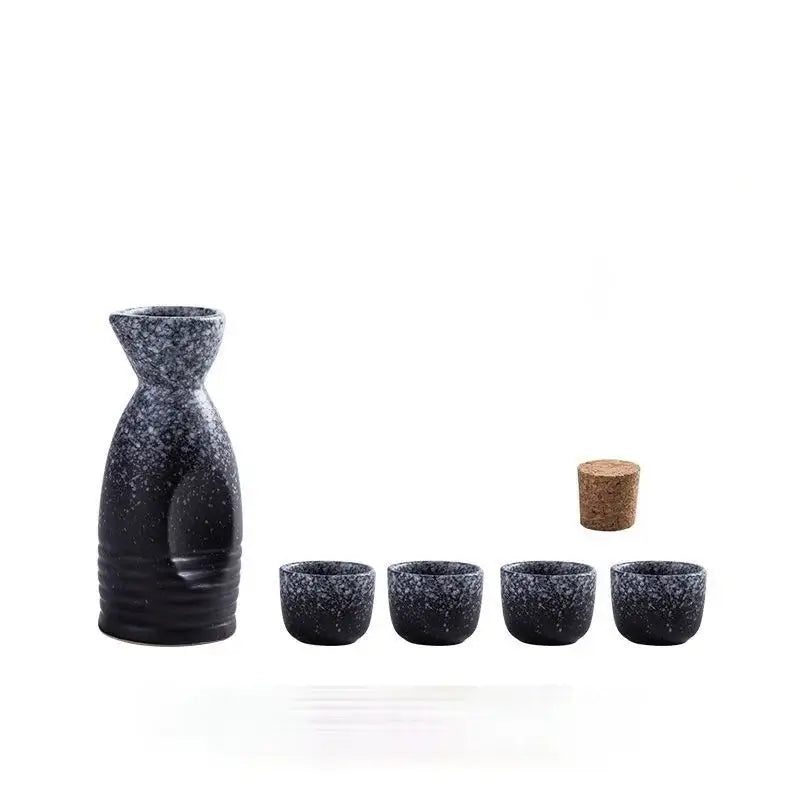 Black speckled ceramic wine sake set with four cups and cork stopper ideal for decorbites ceramic wine dining room use