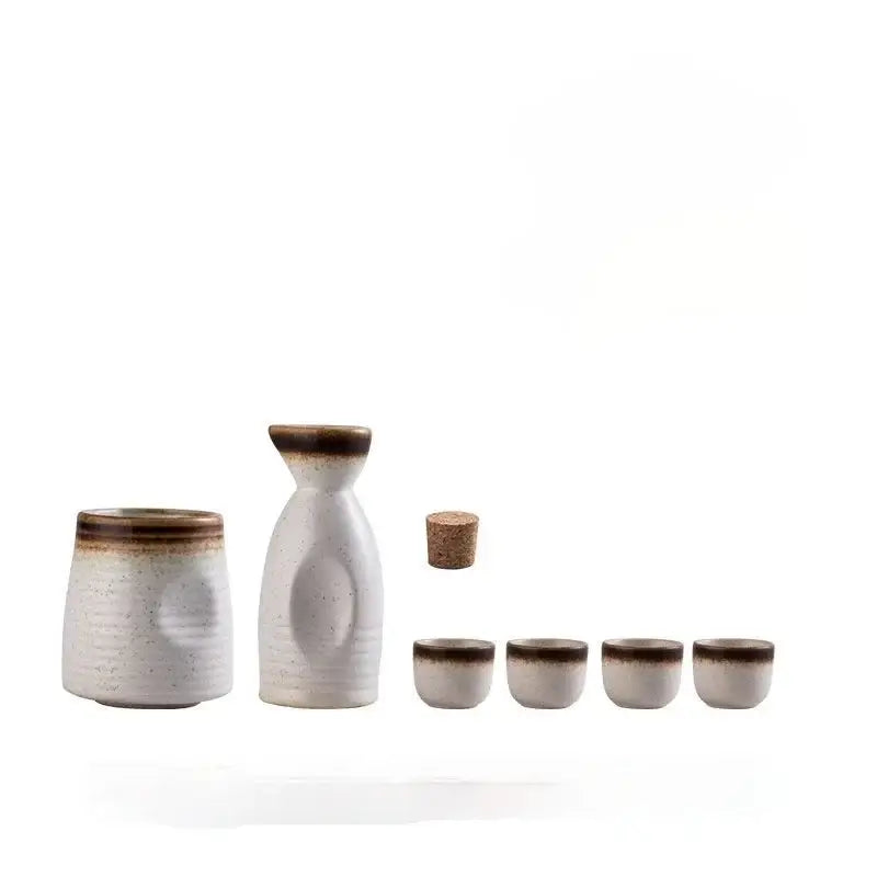 White ceramic wine sake set with brown speckled rims and cork stopper for decorbites ceramic wine collection