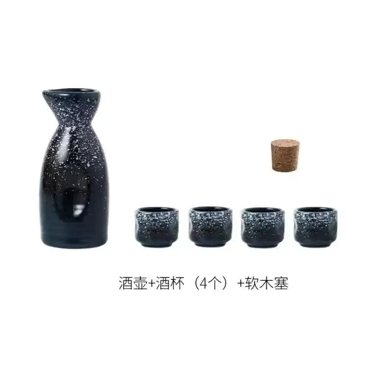 Black speckled ceramic wine sake set with four matching cups and cork stopper for dining room decorbites ceramic wine