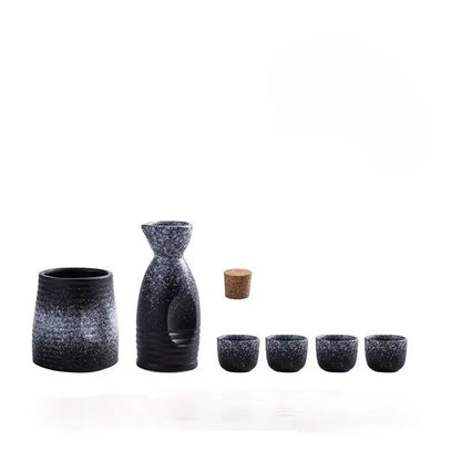 Black speckled ceramic wine sake set with heater includes matching cylindrical container four small cups and cork stopper