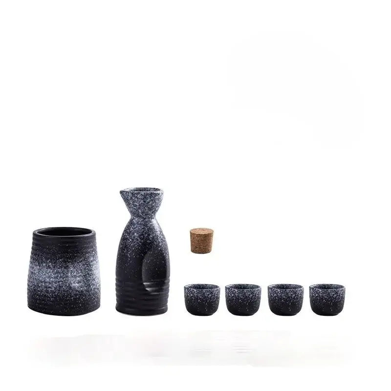 Black speckled ceramic wine sake set with heater includes matching cylindrical container four small cups and cork stopper