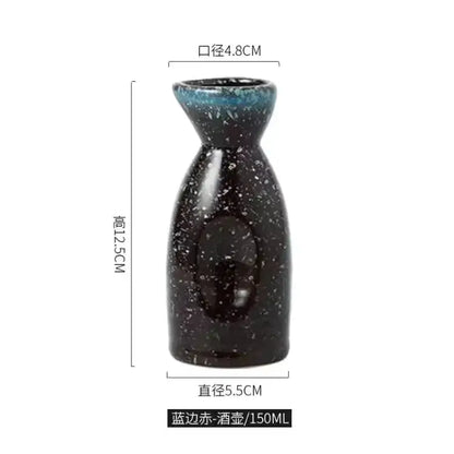 A sleek black speckled ceramic wine sake bottle with vibrant blue rim designed for 150ml in ceramic wine sake set