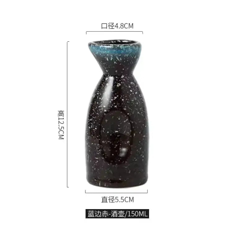 A sleek black speckled ceramic wine sake bottle with vibrant blue rim designed for 150ml in ceramic wine sake set