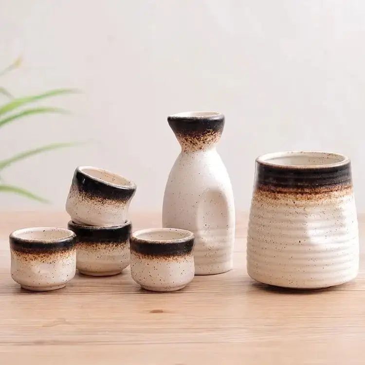 Handcrafted black speckled ceramic wine sake set with white glaze and heater for elegant dining room decorbites ceramic wine