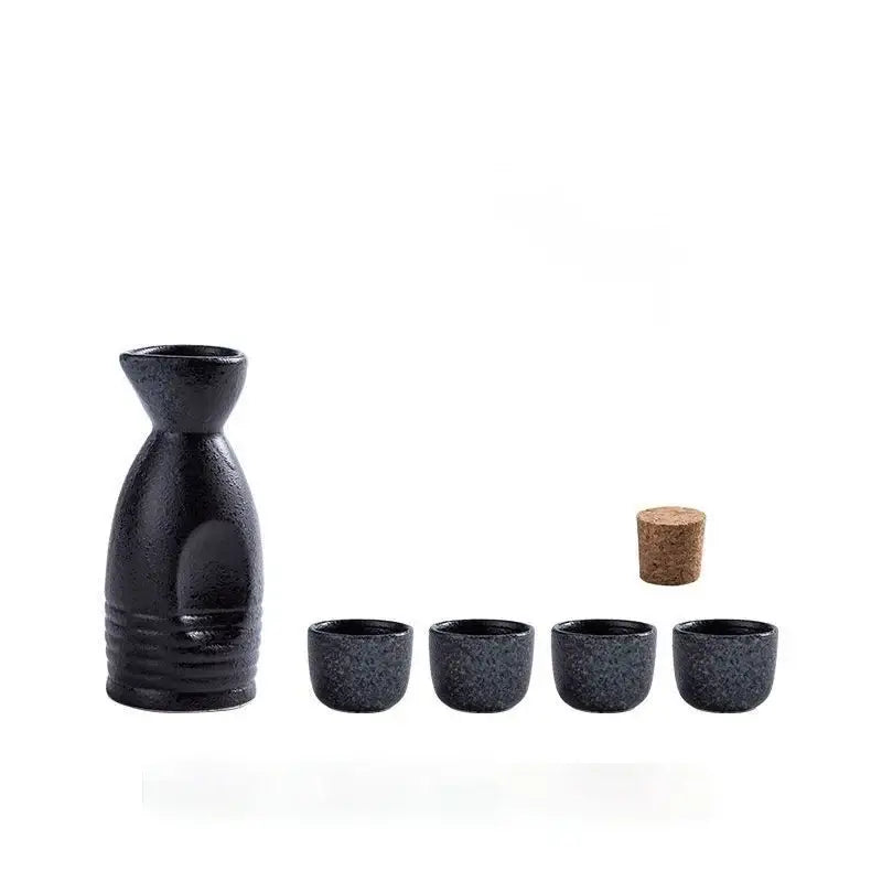 Black speckled ceramic wine sake set with heater includes bottle and four cups for dining room decorbites ceramic wine