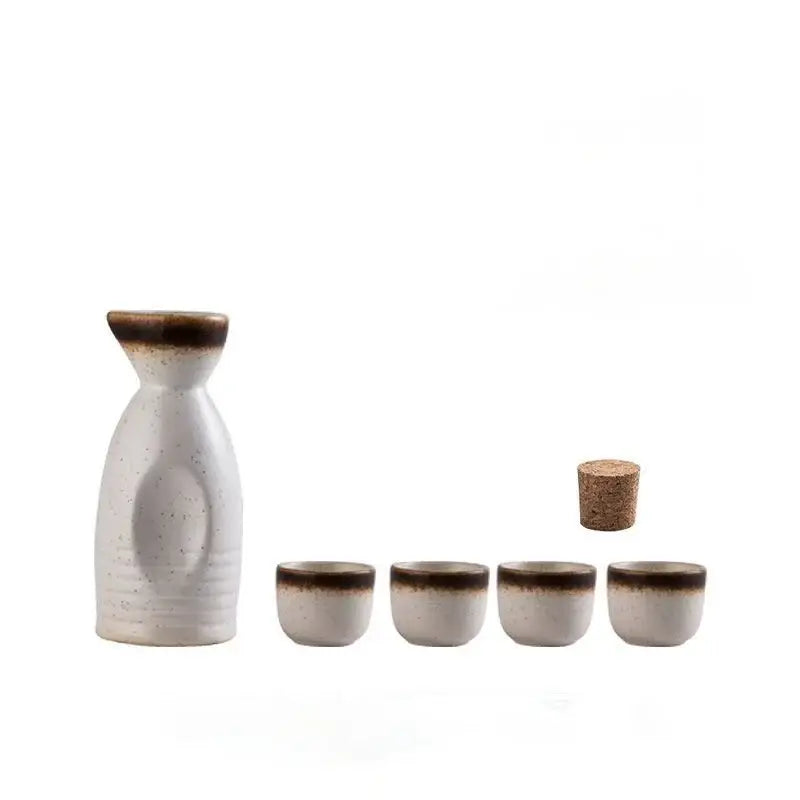 White ceramic wine sake set with brown speckled rim and cork stopper for decorbites ceramic wine dining room use