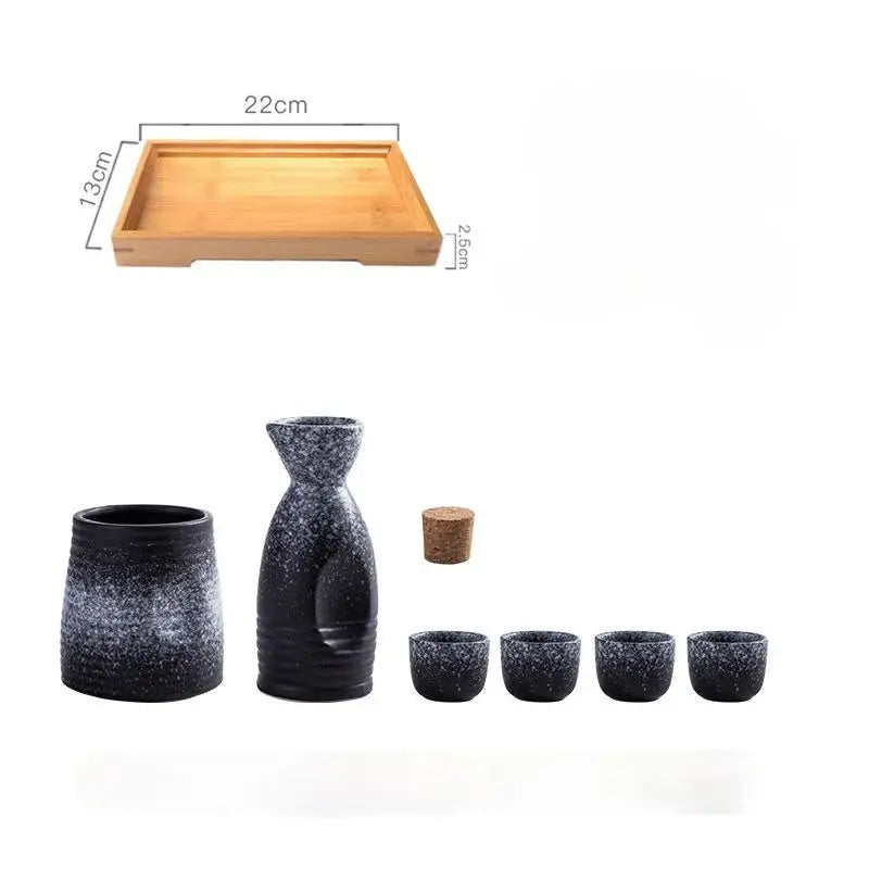 Black speckled ceramic wine sake set with cork stopper and heater for dining room by decorbites ceramic wine