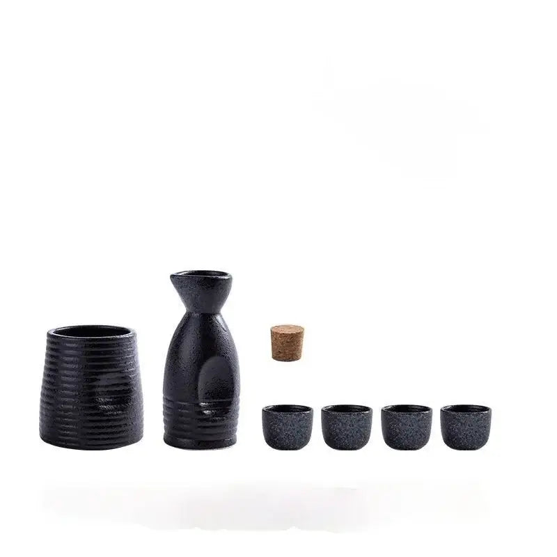 Black speckled ceramic wine sake set with textured surface cork stopper and heater for dining room decorbites ceramic wine