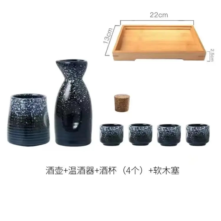 Black speckled ceramic wine sake set with heater and matching wooden tray for dining room decorbites ceramic wine