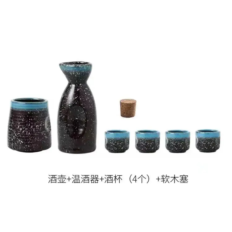Black speckled ceramic wine sake set with heater and glossy blue rim featuring four matching cups for dining room decorbites ceramic wine