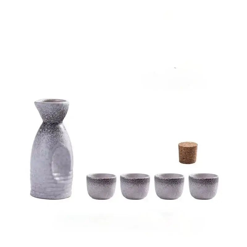 Gray speckled ceramic wine sake set with matching bottle four cups and cork stopper for decorbites ceramic wine use