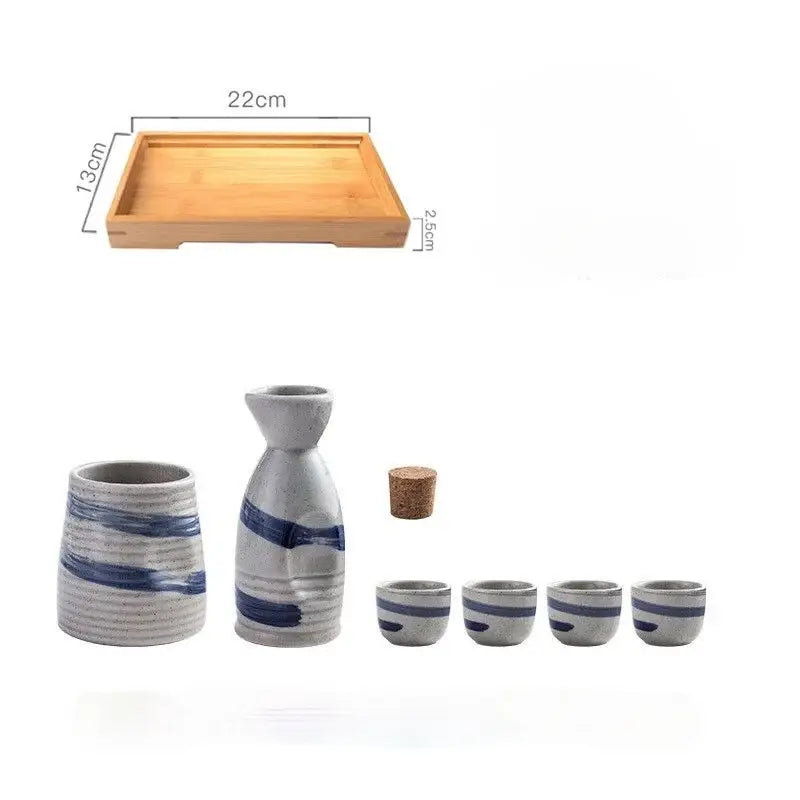 Gray ceramic wine sake set with blue brushstroke patterns and wooden tray for dining room decorbites ceramic wine use