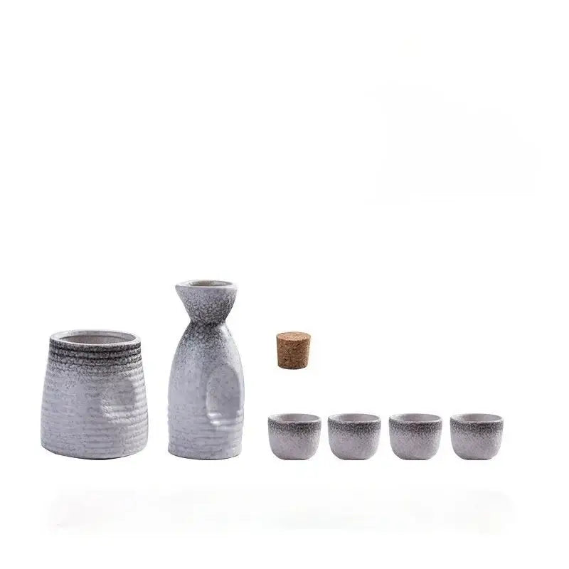 Gray speckled ceramic wine sake set with textured bottle cork stopper and heater for dining room decorbites ceramic wine
