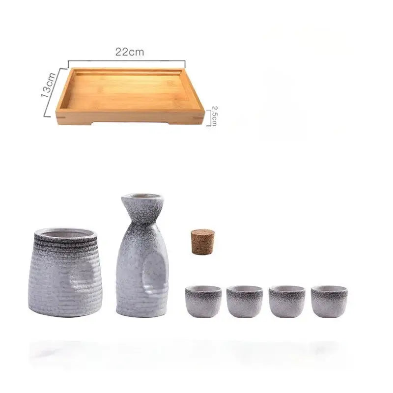 Gray speckled ceramic wine sake set with heater and matching cups on bamboo tray for dining room decorbites ceramic wine
