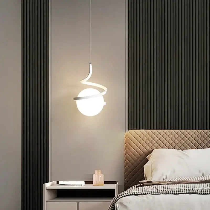 Black spiral dual globe pendant light with sleek curved metallic frame and frosted glass globe cord pendant installation