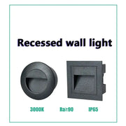 Black square and circular ip65 waterproof embedded step lights with textured surfaces and horizontal slats for outdoor decorbites 3w ip65