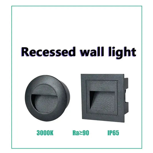 Black square and circular ip65 waterproof embedded step lights with textured surfaces and horizontal slats for outdoor decorbites 3w ip65