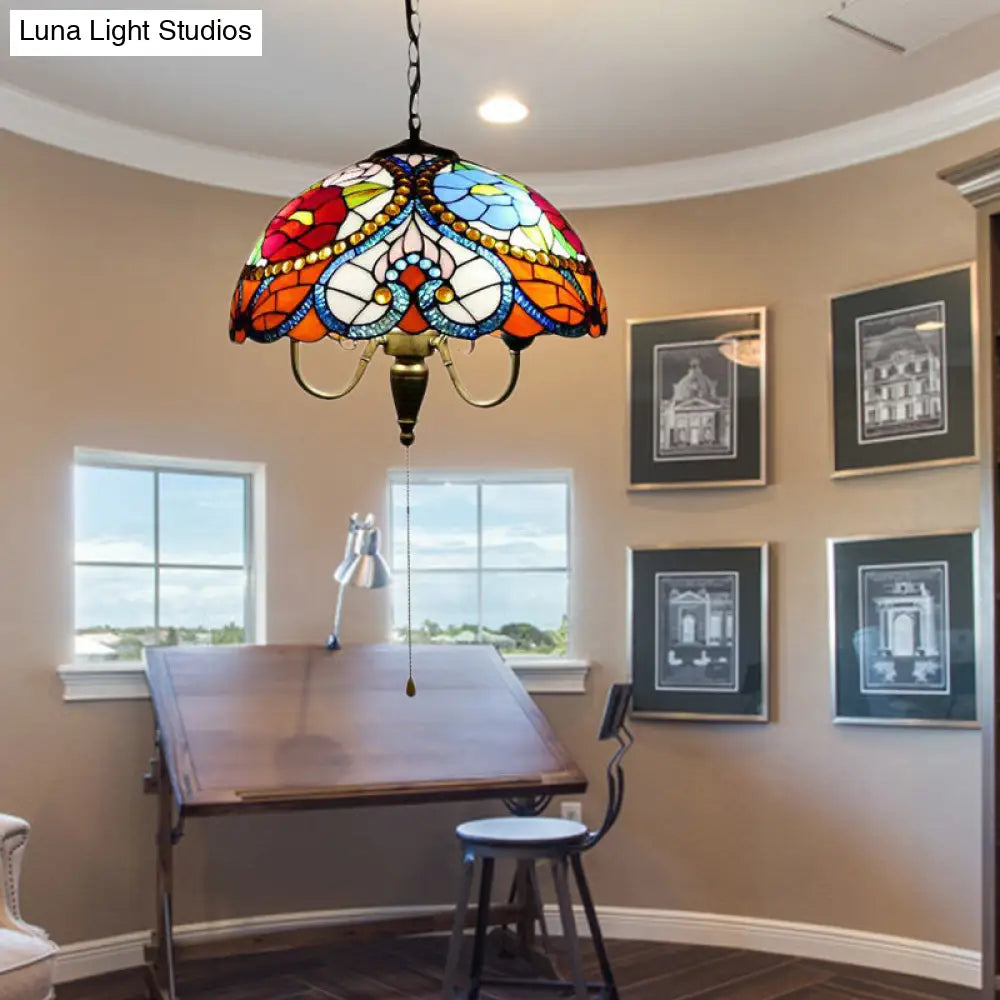 Black Stained Art Glass Victorian Bowl Pendant Lamp - 3 Heads, Ceiling Hanging Light (with/without Pull Chain)