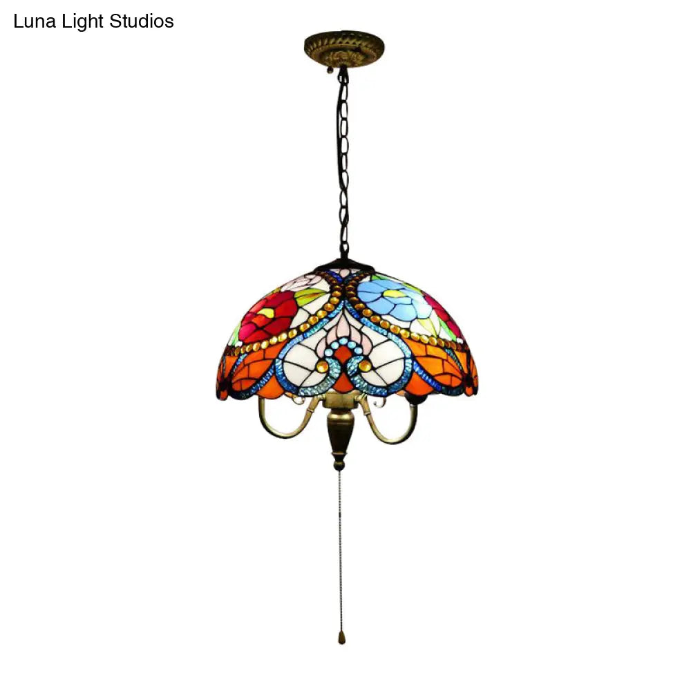 Black Stained Art Glass Victorian Bowl Pendant Lamp - 3 Heads, Ceiling Hanging Light (with/without Pull Chain)
