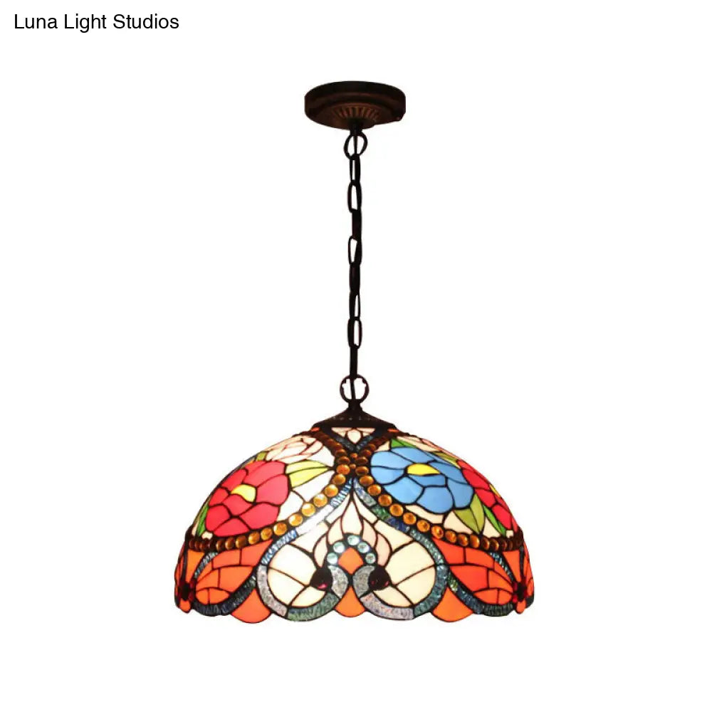 Black Stained Art Glass Victorian Bowl Pendant Lamp - 3 Heads, Ceiling Hanging Light (with/without Pull Chain)