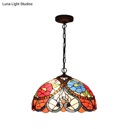 Black Stained Art Glass Victorian Bowl Pendant Lamp - 3 Heads, Ceiling Hanging Light (with/without Pull Chain)