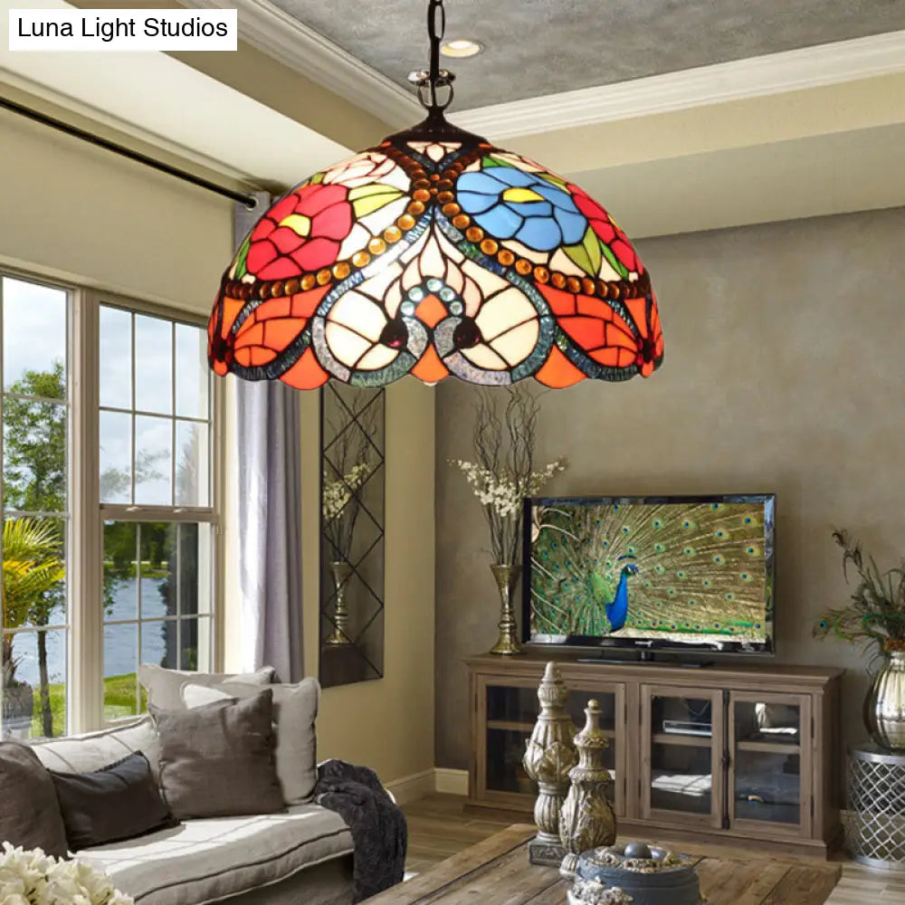 Black Stained Art Glass Victorian Bowl Pendant Lamp - 3 Heads, Ceiling Hanging Light (with/without Pull Chain)