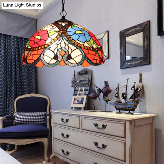 Black Stained Art Glass Victorian Bowl Pendant Lamp - 3 Heads, Ceiling Hanging Light (with/without Pull Chain)