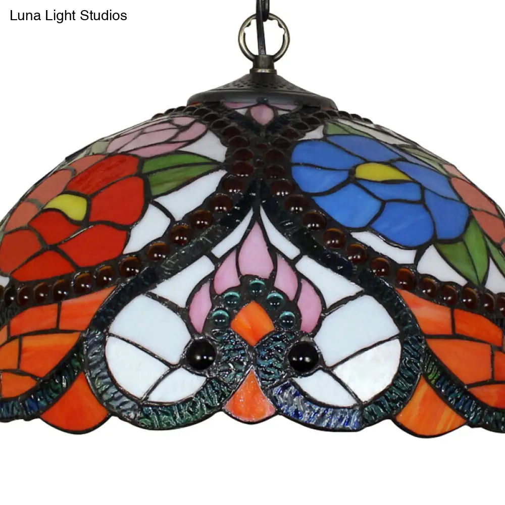 Black Stained Art Glass Victorian Bowl Pendant Lamp - 3 Heads, Ceiling Hanging Light (with/without Pull Chain)