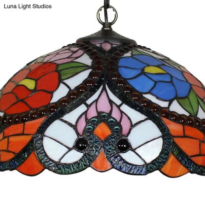Black Stained Art Glass Victorian Bowl Pendant Lamp - 3 Heads, Ceiling Hanging Light (with/without Pull Chain)