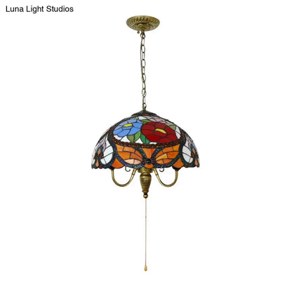 Black Stained Art Glass Victorian Bowl Pendant Lamp - 3 Heads, Ceiling Hanging Light (with/without Pull Chain)