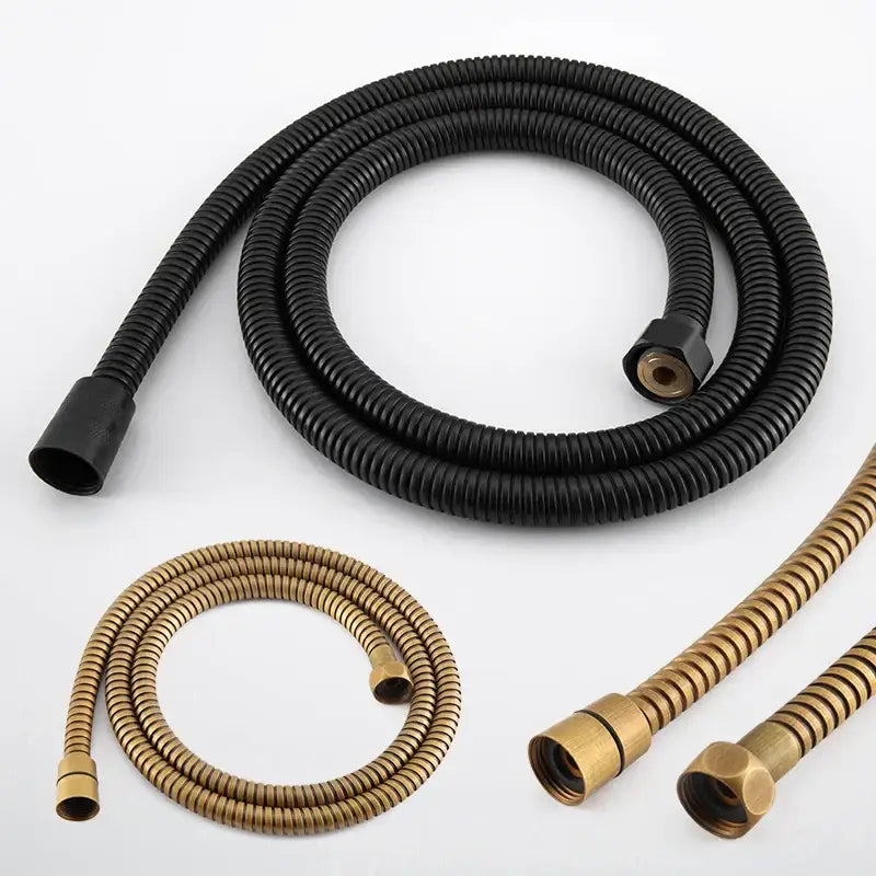 Black stainless steel flexible shower hose with brass fittings for bathroom use featuring corrugated design