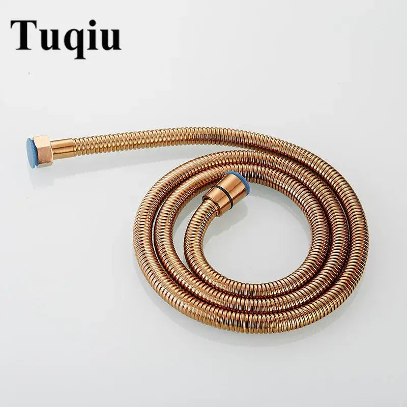 A copper-colored stainless steel flexible shower hose with blue caps for bathroom brass fittings use