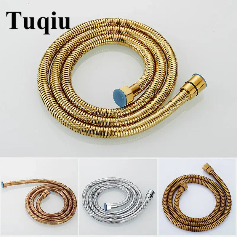 Gold-colored stainless steel flexible shower hose with brass fittings and blue rubber nozzle cap for bathroom use