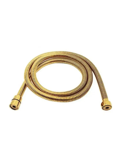 Gold-colored stainless steel flexible shower hose with brass fittings and coiled design for bathroom use