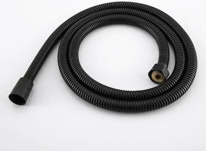 Black stainless steel flexible shower hose with matte corrugated surface and brass-colored threaded fittings for bathroom use