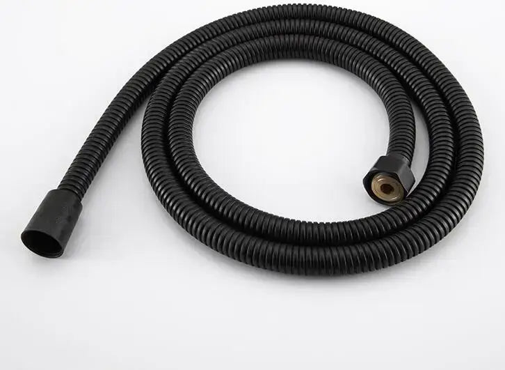 Black stainless steel flexible shower hose with matte corrugated surface and brass-colored threaded fittings for bathroom use