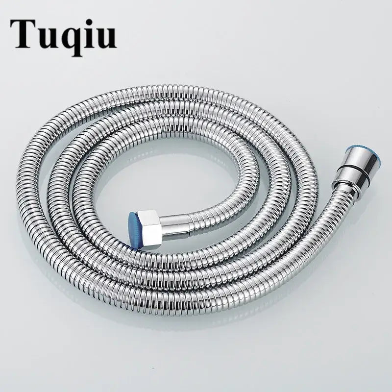 Tuqiu chrome finished stainless steel flexible shower hose with ribbed metal construction and blue tipped connectors