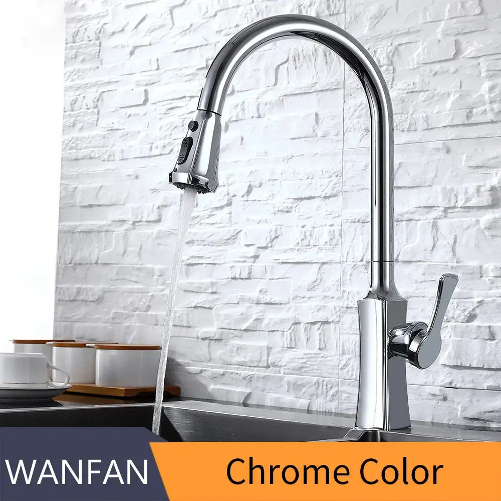 Chrome-finished kitchen faucet with sleek arched spout and pull-down spray head featuring black stream handle design