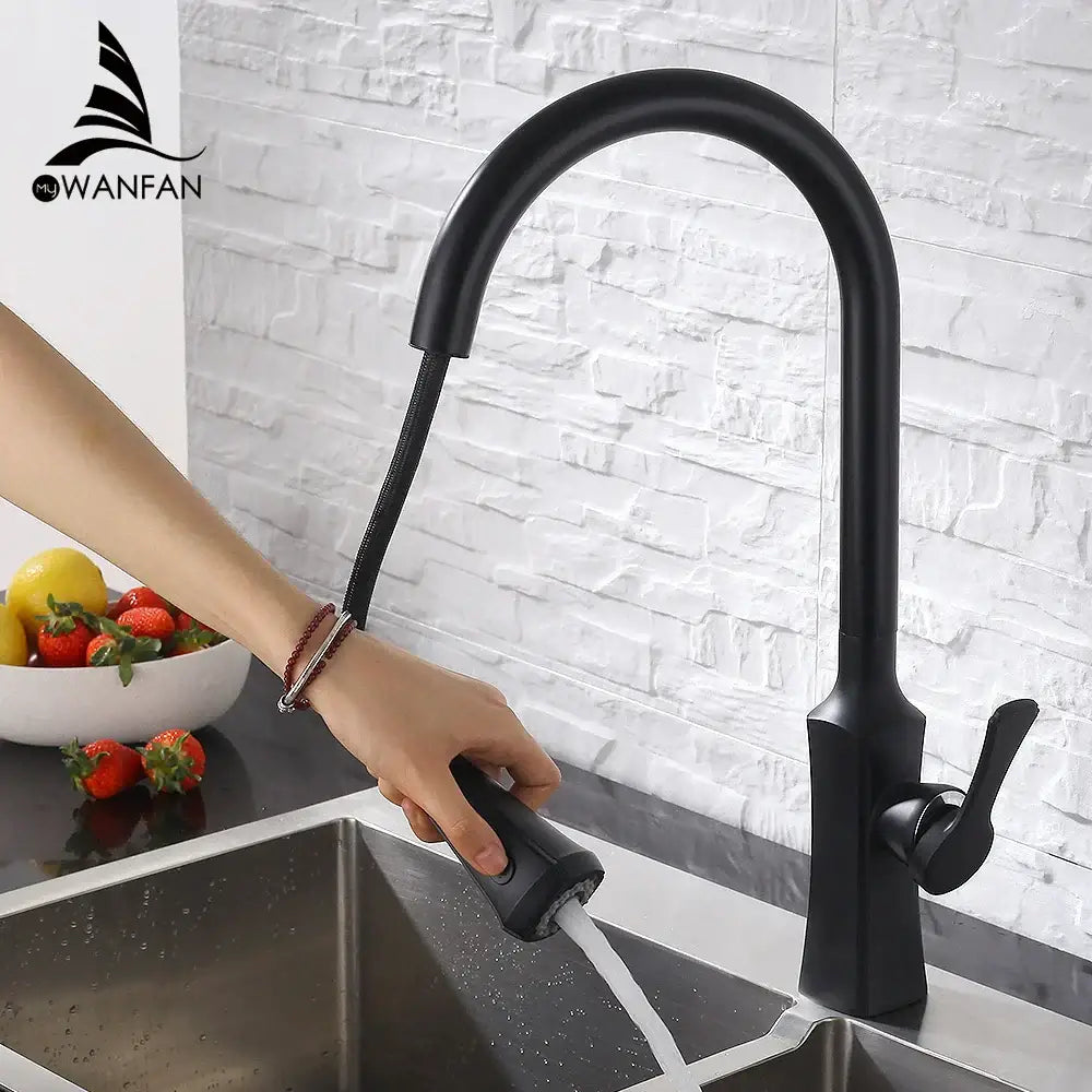 Black stream handle matte black pull out kitchen faucet with sleek curved spout and integrated spray head by decorbites