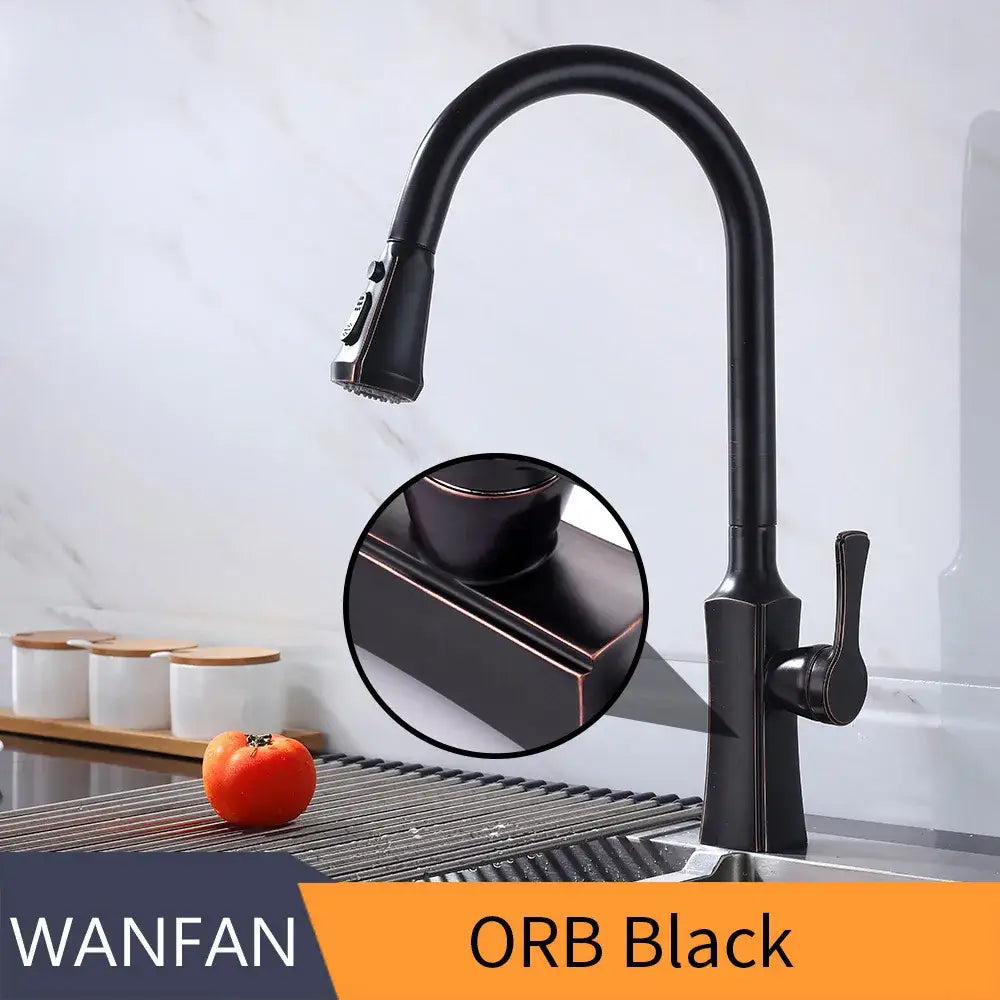 Black stream handle matte black pull out faucet with sleek curved spout and pull down spray head for kitchen use