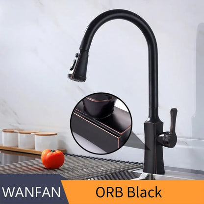 Black stream handle matte black pull out faucet with sleek curved spout and pull down spray head for kitchen use