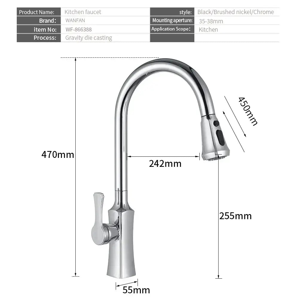 Shiny chrome kitchen faucet with sleek curved spout and pull-down spray head featuring decorbites black stream handle