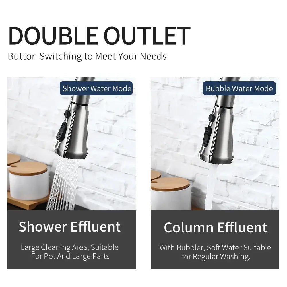 Stainless steel black stream handle double outlet kitchen faucet with button-switched shower and bubble modes