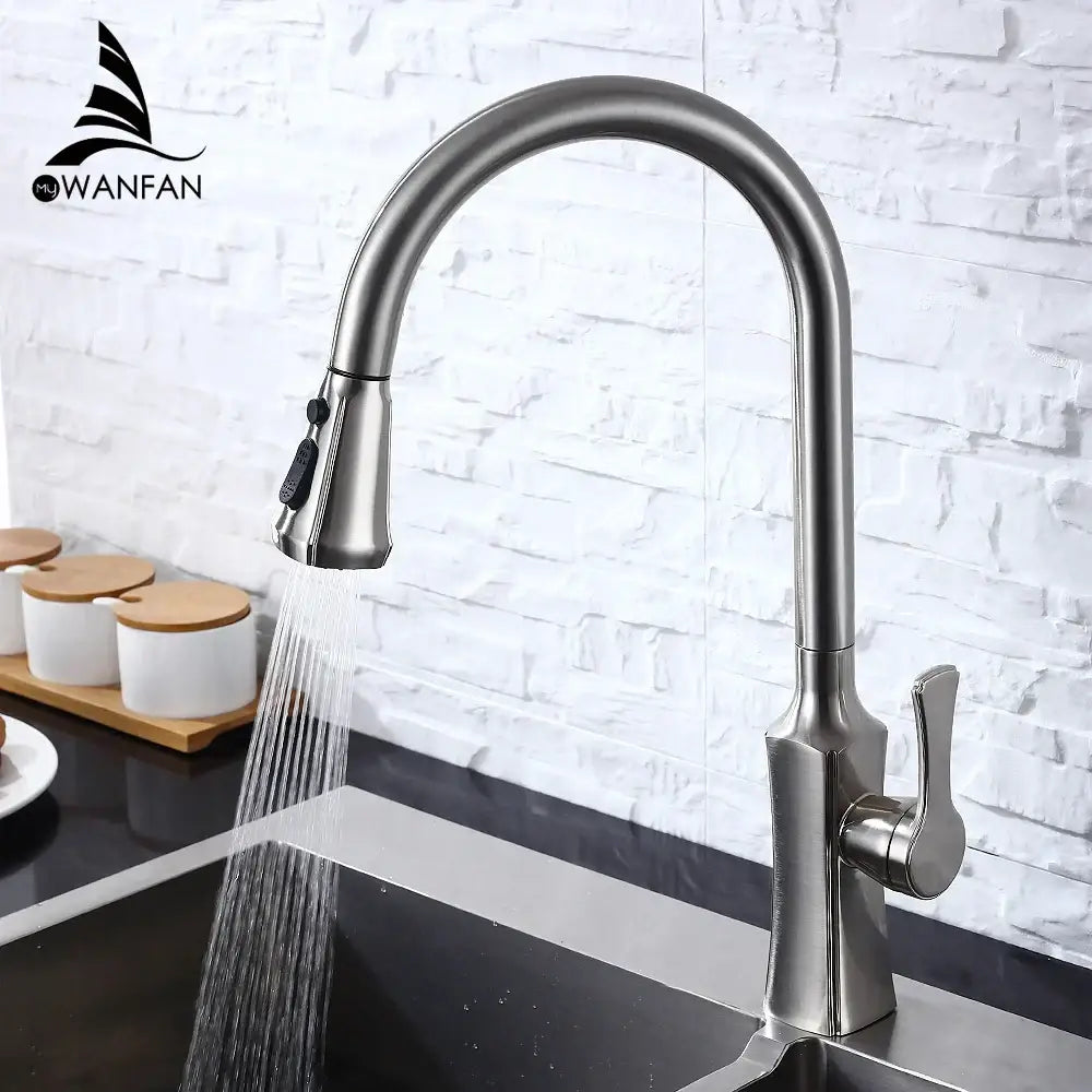 Stainless steel kitchen faucet with a sleek curved spout and pull-down spray head featuring decorbites black stream handle