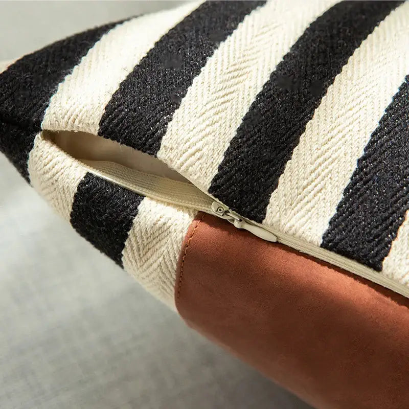 Black stripe faux leather pillow cover with cream and black herringbone texture and brown suede patch for living room decorbites black stripe