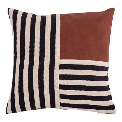 Square pillow cover featuring black stripe faux leather and cream herringbone patchwork for decorbites living room decor